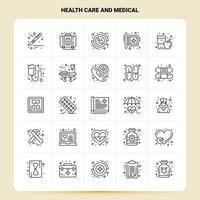 Umriss 25 Gesundheitswesen und Medizin Icon Set Vektor Linienstil Design schwarze Icons Set lineares Piktogramm Pack Web und mobile Geschäftsideen Design Vektor Illustration