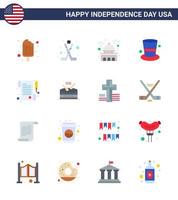 USA Lycklig oberoende dag piktogram uppsättning av 16 enkel flats av papper hatt byggnad keps vit redigerbar USA dag vektor design element