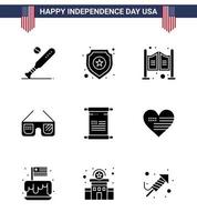 glücklicher unabhängigkeitstag usa paket mit 9 kreativen soliden glyphen von scroll imerican sign glasses western editierbare usa day vektordesignelemente vektor