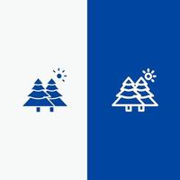 tannenwald natur bäume linie und glyphe festes symbol blaues banner vektor