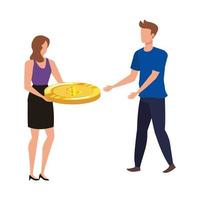 junges Paar mit Münzen Geld Avatare Zeichen vektor