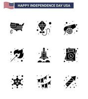 Happy Independence Day Pack mit 9 soliden Glyphen Zeichen und Symbolen für Raumschiffwerfer Kanon Feuer im Freien editierbare usa Tag Vektor Design Elemente