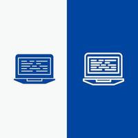 Laptop-Codierungscode-Bildschirm Computerlinie und Glyphe solides Symbol blaues Banner Linie und Glyphe solides Symbol blaues Banner vektor