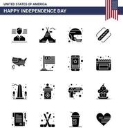 glücklicher unabhängigkeitstag 4. juli satz von 16 soliden glyphen amerikanisches piktogramm des amerikanischen hotdog-fußballs american united editierbare usa-tag-vektordesignelemente vektor