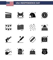 satz von 16 modernen soliden glyphen pack auf usa unabhängigkeitstag dekoration amerikanisches tierzeichen geld editierbare usa tag vektor design elemente