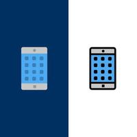 anwendung mobil mobile anwendung passwort symbole flach und linie gefüllt icon set vektor blauen hintergrund