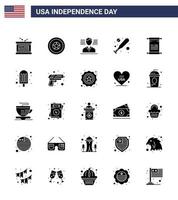 Lycklig oberoende dag 4:e juli uppsättning av 25 fast glyf amerikan pictograph av USA text man skrolla fladdermus redigerbar USA dag vektor design element