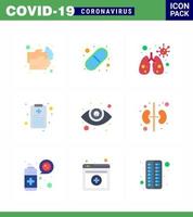 9 flache Farb-Coronavirus-Epidemie-Icon-Packs saugen, da Augenheilkunde-Pillen für die Augenpflege Gesundheitsdiagramme für Virus-Coronavirus 2019nov-Krankheitsvektor-Designelemente melden vektor