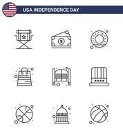 Stock Vector Icon Pack von American Day 9 Zeilenzeichen und Symbolen für Türen Shop Usa-Pakete Tasche editierbare Usa-Tag-Vektor-Designelemente
