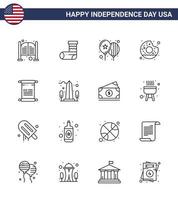 linje packa av 16 USA oberoende dag symboler av skrolla smaskigt gåva runda fest redigerbar USA dag vektor design element