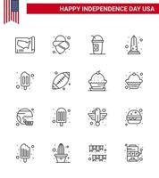 Packung mit 16 Feierlinien zum Unabhängigkeitstag der USA, Zeichen und Symbole zum 4. Juli, wie z vektor
