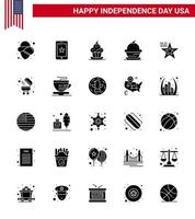 Usa Happy Independence Day Piktogrammsatz mit 25 einfachen soliden Glyphen von bbq Usa Dessert Flag Star editierbare Usa Day Vektordesign-Elemente vektor