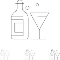 Glasgetränkeflasche Wein Fett und dünne schwarze Linie Symbolsatz vektor