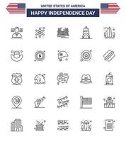 Packung mit 25 kreativen USA-Unabhängigkeitstag-bezogenen Linien von Denkmal USA-Torgebäude USA editierbare USA-Tag-Vektordesign-Elemente vektor