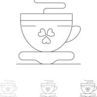 Tee Kaffeetasse Irland Fett und dünne schwarze Linie Symbolsatz vektor