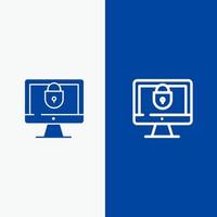 Computer-Internet-Sperre-Sicherheitslinie und Glyphe solides Symbol blaues Banner Linie und Glyphe solides Symbol blaues Banner vektor