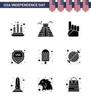 Lycklig oberoende dag packa av 9 fast glyfer tecken och symboler för is grädde grädde hand USA skydda redigerbar USA dag vektor design element