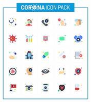 25 flache Farbsätze von Corona-Virus-Epidemie-Symbolen wie Gesundheitshände rufen Krankheit Covid-Virus-Coronavirus 2019nov-Krankheitsvektor-Designelemente auf vektor