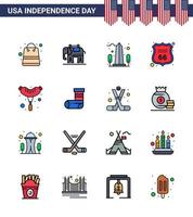 packung mit 16 usa unabhängigkeitstag feier flach gefüllte linien zeichen und 4. juli symbole wie frankfurter american monument sign security editable usa day vector design elements