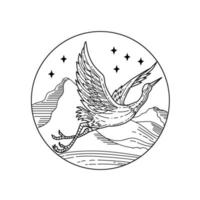 Graureiher fliegt über Berge mit Sternenkreis Mono-Linie Stil schwarz und weiß vektor