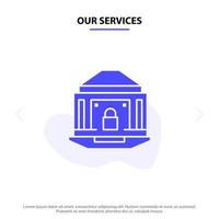 unsere dienstleistungen bank bankwesen internet sperre sicherheit solide glyph symbol webkartenvorlage vektor
