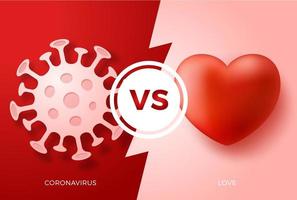 Alla hjärtans dag vs coronavirus koncept. älskar hjärta kontra virus. skydd covid tecken vektorillustration. covid-19 förebyggande design bakgrund