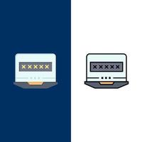 Laptop-Computer sperren Sicherheitssymbole flach und Linie gefüllt Icon Set Vektor blauen Hintergrund