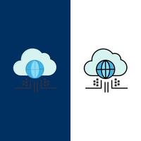 Internet denken Cloud-Technologie-Symbole flach und Linie gefüllt Symbolsatz Vektor blauen Hintergrund