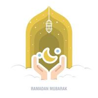 ramadan kareem islamisk design halvmåne och moskékupolsilhuett med arabiskt mönster och kalligrafi vektor