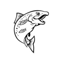 glücklicher Regenbogenforellen- oder Lachsfisch, der Schwarzweiss-Karikatur hochspringt vektor
