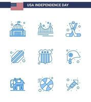 USA oberoende dag blå uppsättning av 9 USA piktogram av stater amerikan landmärke Amerika sporter redigerbar USA dag vektor design element