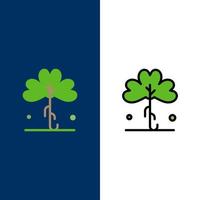 Klee grün Irland irische Pflanze Symbole flach und Linie gefüllt Symbolsatz Vektor blauen Hintergrund