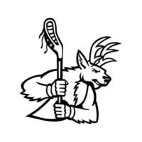 Rotwild Hirsch oder Bock mit einem Lacrosse Stick Stick Seitenansicht Maskottchen schwarz und weiß vektor
