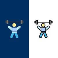Athlet Leichtathletik Avatar Fitness-Studio Symbole flach und Linie gefüllt Symbolsatz Vektor blauen Hintergrund