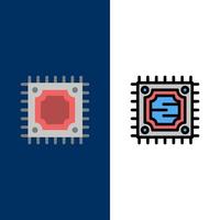 cpu mikrochip processor ikoner platt och linje fylld ikon uppsättning vektor blå bakgrund