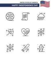 4. juli usa glücklicher unabhängigkeitstag symbol symbole gruppe von 9 modernen linien amerikanischer herzkuchen im freien feuer editierbare usa tag vektor design elemente