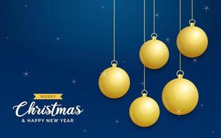 weihnachtsblauer hintergrund mit hängenden glänzenden goldenen kugeln. frohe weihnachten grußkarte. Feiertagsweihnachts- und Neujahrsplakat. Web-Banner vektor