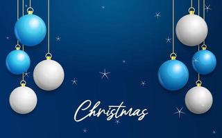 jul blå bakgrund med hängande lysande vit och silver- bollar. glad jul hälsning kort vektor
