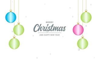flache glänzende dekorative ballelemente der frohen weihnachten, die hintergrund hängen vektor