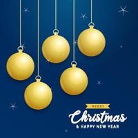 weihnachtsblauer hintergrund mit hängenden glänzenden goldenen kugeln. frohe weihnachten grußkarte. Feiertagsweihnachts- und Neujahrsplakat. Web-Banner vektor