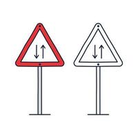 Vektorillustration des Dreiecks-Verkehrszeichens für zwei Wege. Zweiwege-Verkehrsstraßensymbol im roten Dreieck lokalisiert auf Weiß vektor