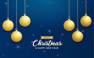 jul blå bakgrund med hängande lysande gyllene bollar. glad jul hälsning kort. Semester xmas och ny år affisch. webb baner vektor