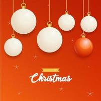 glad jul röd bakgrund med vit och röd hängande bollar. horisontell jul affischer. hälsning kort vektor