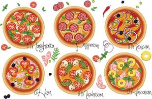 uppsättning av pizzor med olika fyllningar. illustration. vektor