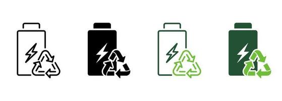 Öko-Batterie erneuerbare Stromleitung und Silhouette-Icon-Set. Ökologischer Akkumulator der grünen Energie mit Dreieckpfeilsymbolsammlung auf weißem Hintergrund. isolierte Vektorillustration. vektor