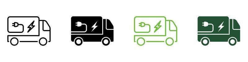 fahrzeugtransport mit öko-grüner stromleitung und silhouettensymbol-farbsatz. Elektro-Van-Piktogramm. Ökologie-Energie-LKW-Symbolsammlung auf weißem Hintergrund. isolierte Vektorillustration. vektor