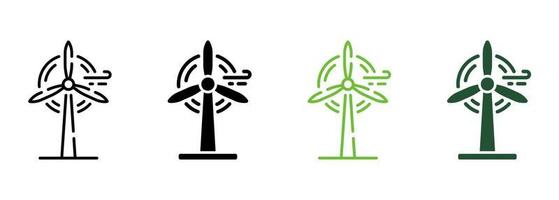 windmühlenbauernhof stromleitung und silhouette symbol farbsatz. Öko erneuerbare Energie. ökologietechnologie der energieerzeugungssymbolsammlung auf weißem hintergrund. isolierte Vektorillustration. vektor
