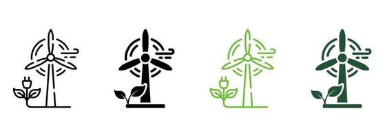 Eco Wind Turbine Green Energy Line und Silhouette Symbol Farbsatz. Windmühle erneuerbare Energie Piktogramm. ökologische windmühlensymbolsammlung auf weißem hintergrund. isolierte Vektorillustration. vektor