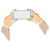 zwei hände, die smartphone horizontal mit leerem bildschirm halten, minimalistische strichzeichnungsvektorillustration. menschliche hände, die einzeiliges gestaltungselement des handys verwenden. symbol handykommunikation vektor