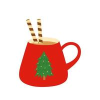 kopp av varm choklad med våffla. röd råna med jul träd. mall för mysigt vinter- design. vektor